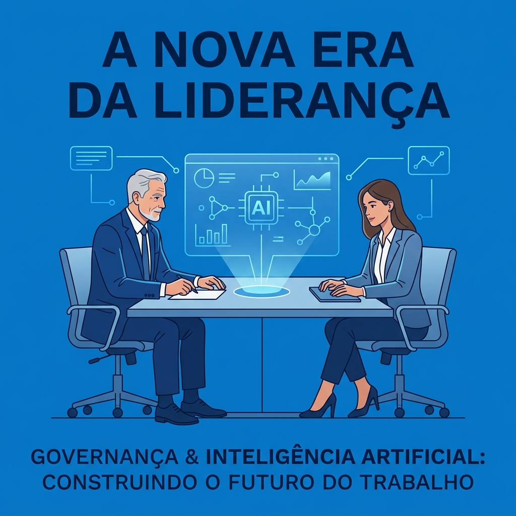 Ilustração editorial com fundo azul de executivos analisando dados ao lado de uma interface de IA, representando a liderança de equipes híbridas.