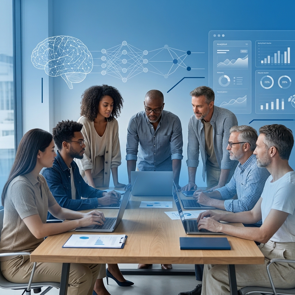 Equipe corporativa analisando portfólio de prompts e resultados de inteligência artificial no trabalho.