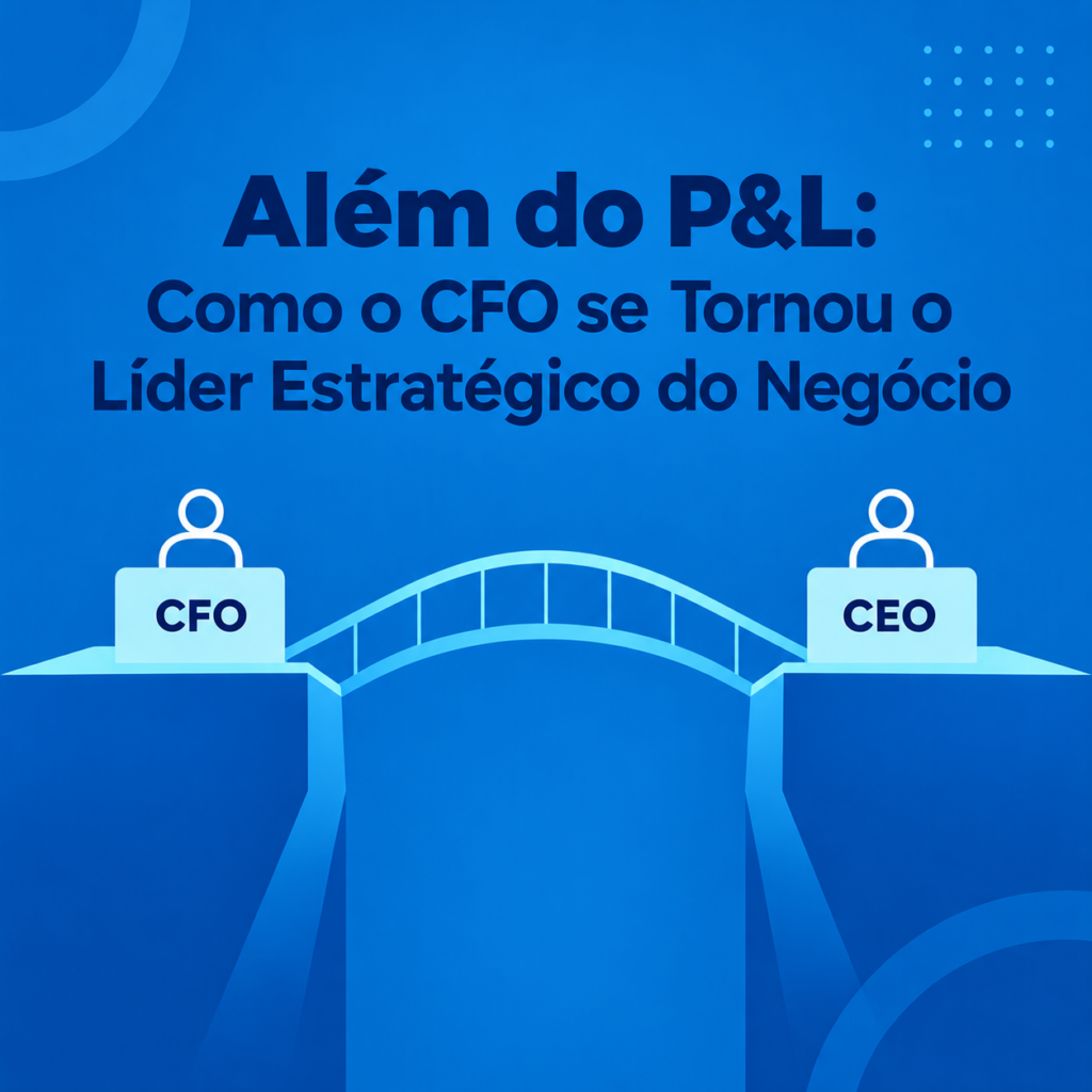 Arte editorial em tom azul corporativo ilustrando a transição de liderança de CFO para CEO com tipografia moderna.