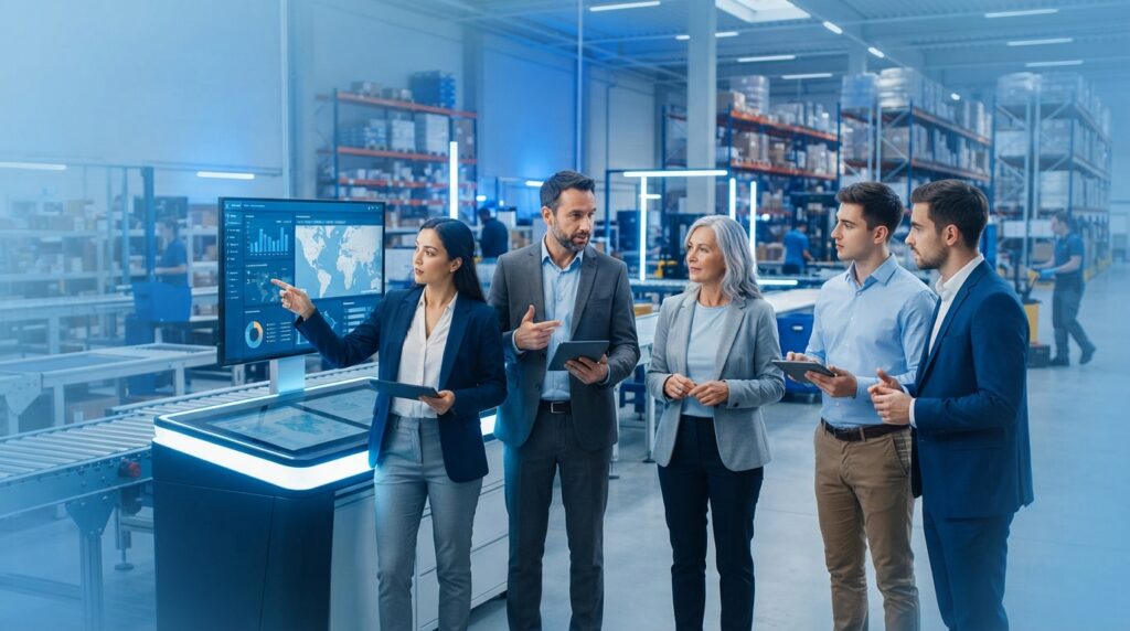 Liderança em logística analisando dados operacionais em centro de distribuição moderno na era Supply Chain 4.0.